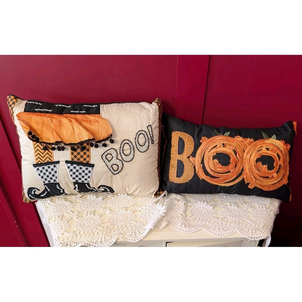 Set Of 2 Halloween Pillows Boo! Witch Feet‎ Pumpkins Embroidered 18"X12", 18"X9"